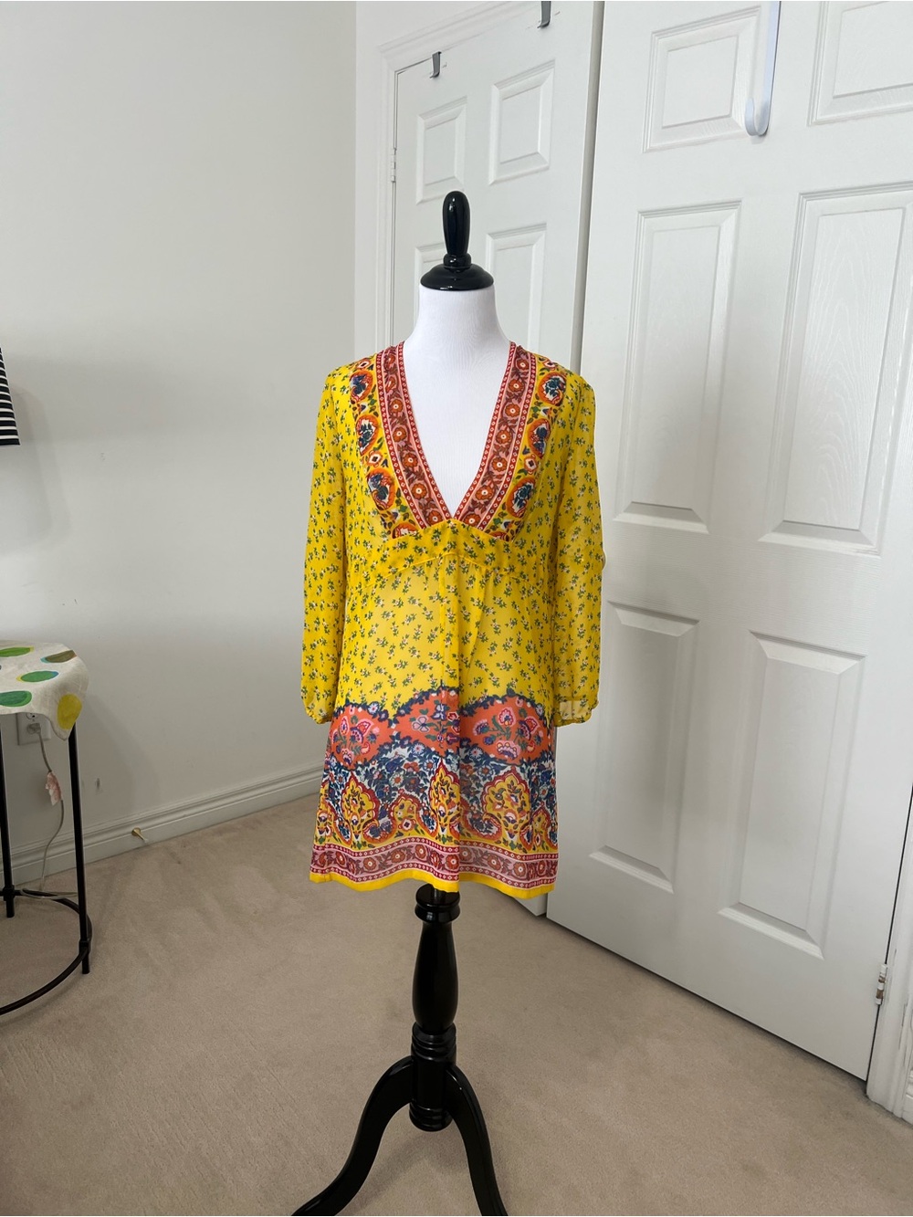 Yellow Boho Floral V-Neck Dress